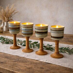 Vintage Studio Pottery Goblets Wood Stem Set 4 Boho Rustic Stoneware Wine Cups